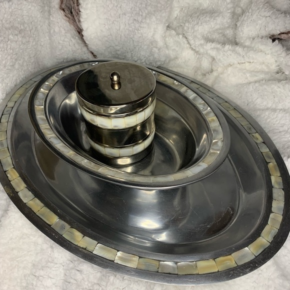 Antique Towle Silversmiths Mother Of Pearl Inlay Serving Tray , Bowl & Container - Picture 2 of 10